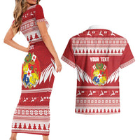 Personalised Tonga Rugby Christmas Couples Matching Short Sleeve Bodycon Dress and Hawaiian Shirt Mate Maa Tonga Ngatu Pattern - Polynesian Pride