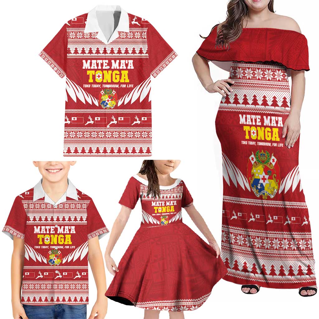 Personalised Tonga Rugby Christmas Family Matching Off Shoulder Maxi Dress and Hawaiian Shirt Mate Maa Tonga Ngatu Pattern - Polynesian Pride