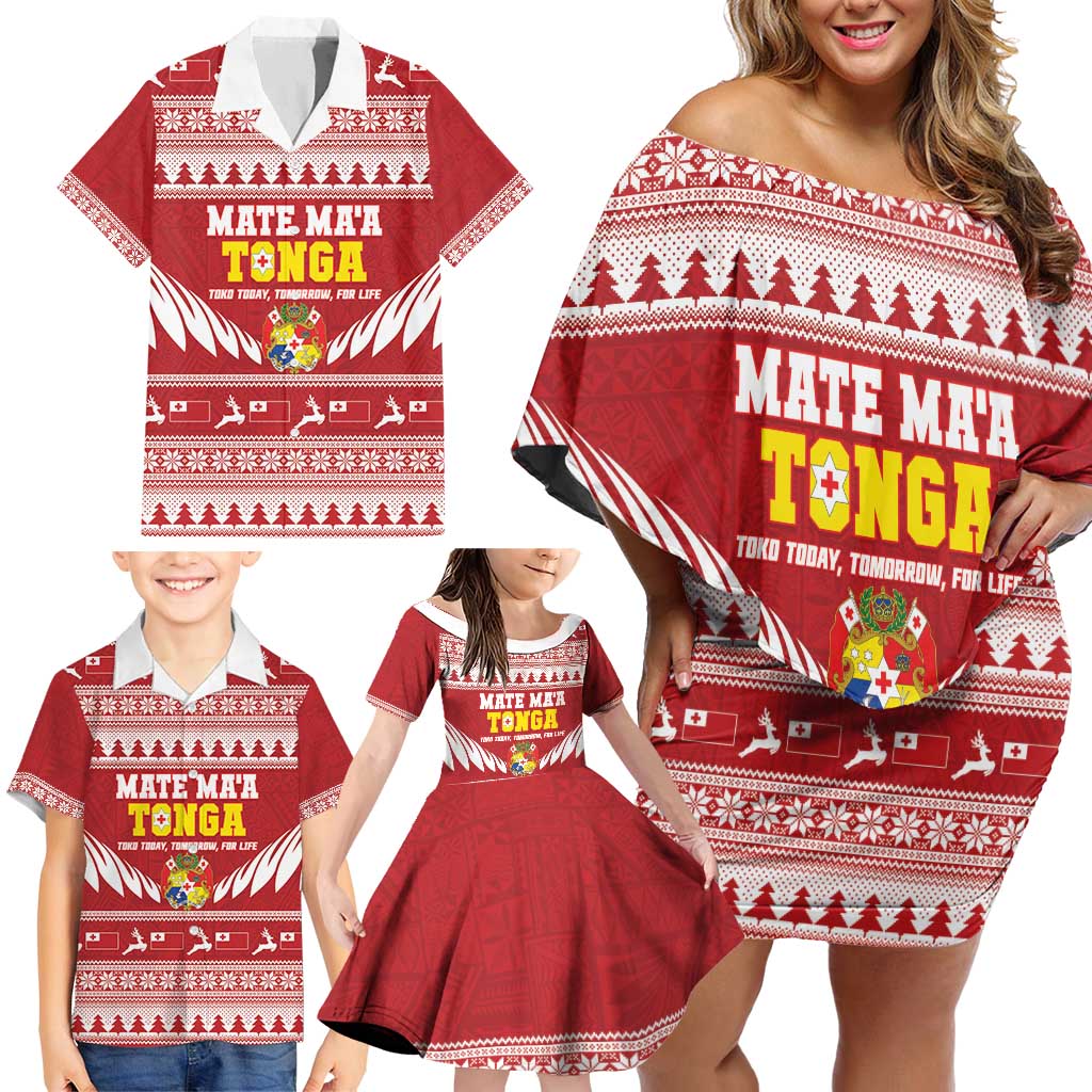 Personalised Tonga Rugby Christmas Family Matching Off Shoulder Short Dress and Hawaiian Shirt Mate Maa Tonga Ngatu Pattern - Polynesian Pride