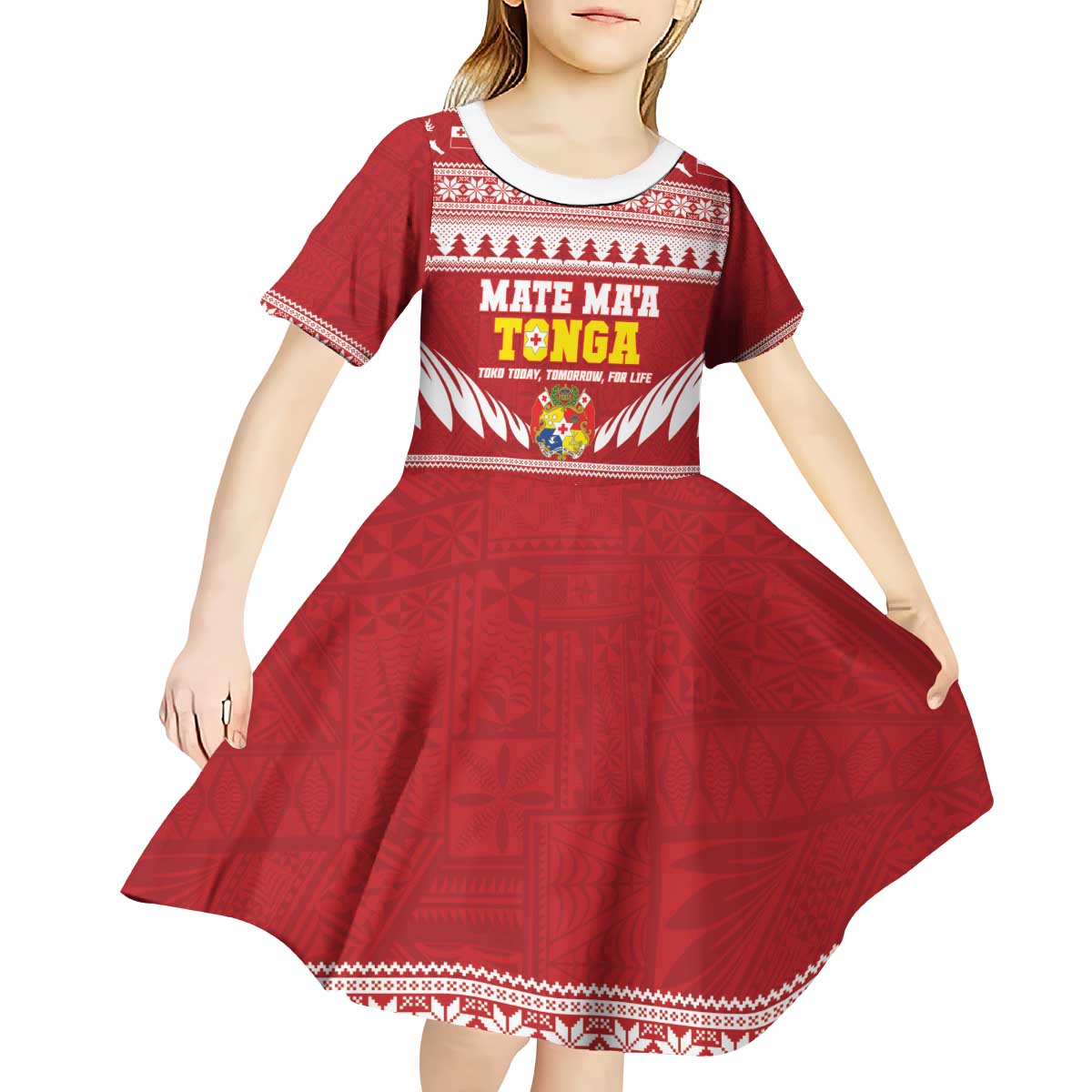Personalised Tonga Rugby Christmas Kid Short Sleeve Dress Mate Maa Tonga Ngatu Pattern - Polynesian Pride