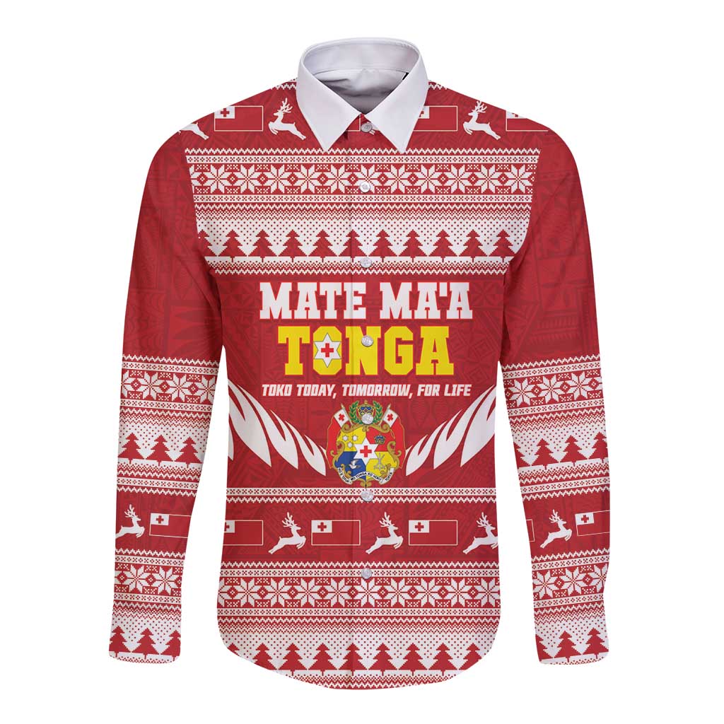 Personalised Tonga Rugby Christmas Long Sleeve Button Shirt Mate Maa Tonga Ngatu Pattern - Polynesian Pride
