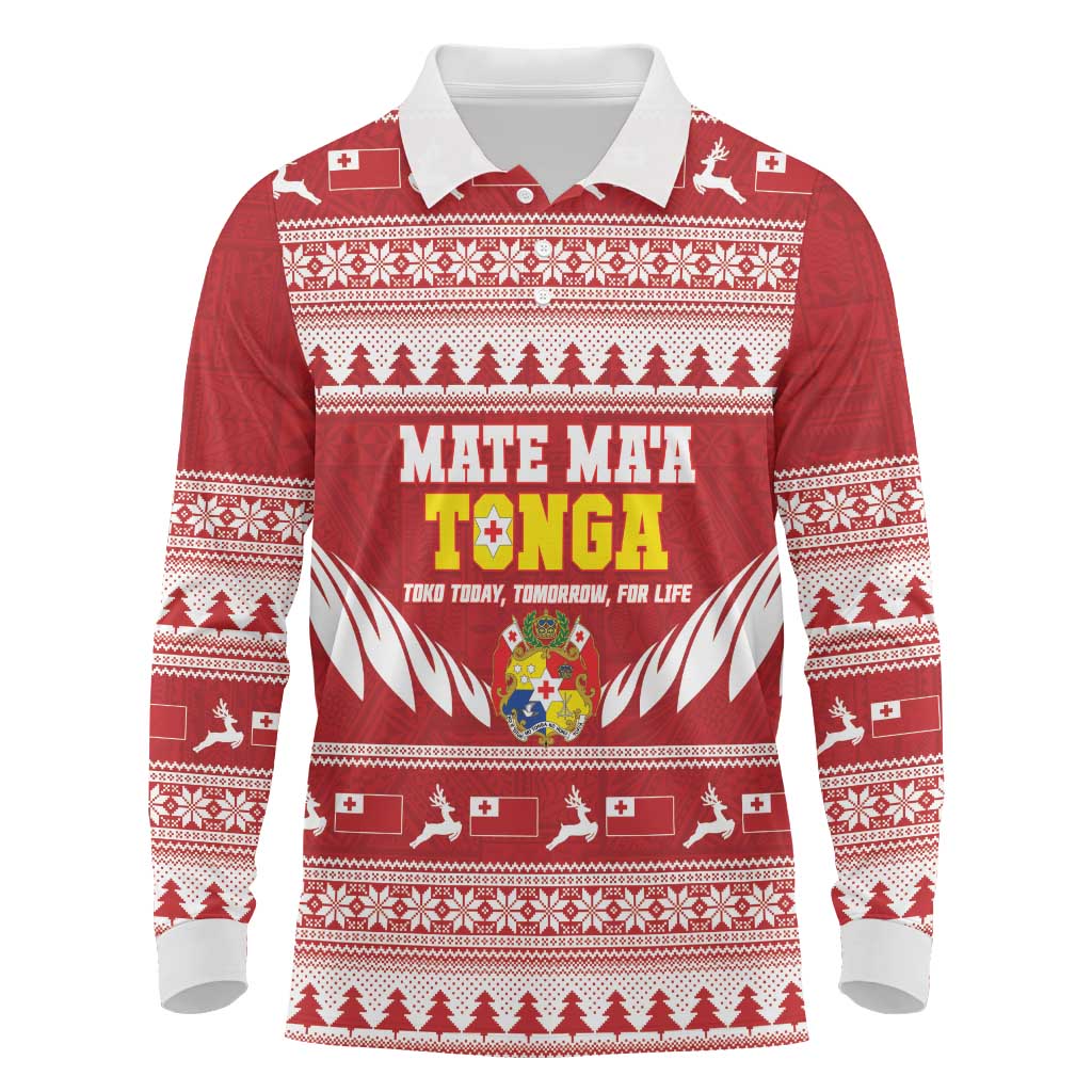 Personalised Tonga Rugby Christmas Long Sleeve Polo Shirt Mate Maa Tonga Ngatu Pattern - Polynesian Pride