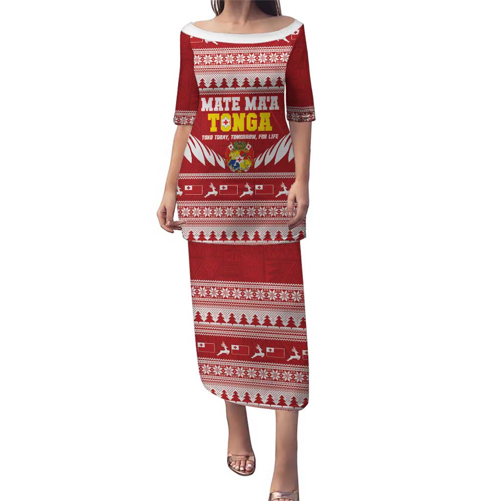 Personalised Tonga Rugby Christmas Puletasi Mate Maa Tonga Ngatu Pattern - Polynesian Pride