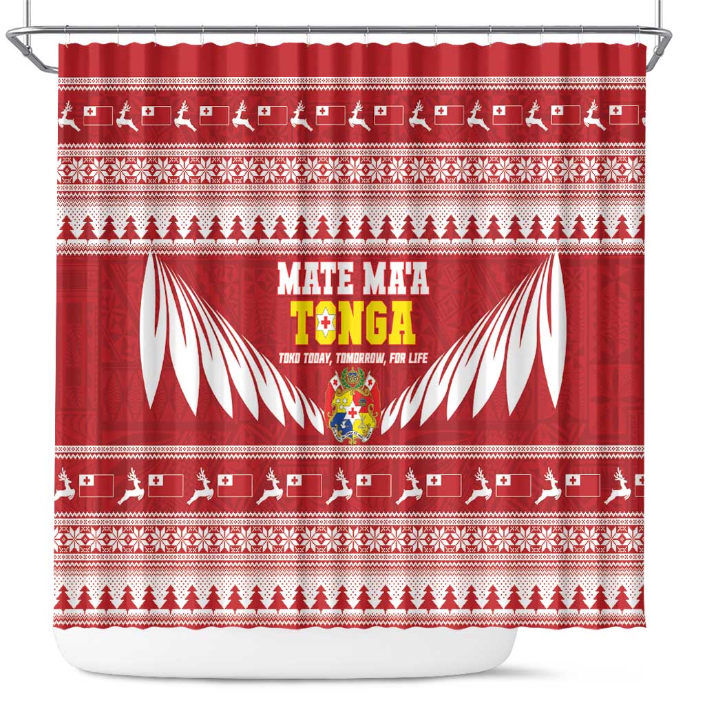 Tonga Rugby Christmas Shower Curtain Mate Maa Tonga Ngatu Pattern - Polynesian Pride