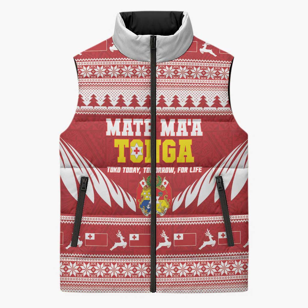Personalised Tonga Rugby Christmas Sleeveless Puffer Jacket Mate Maa Tonga Ngatu Pattern - Polynesian Pride
