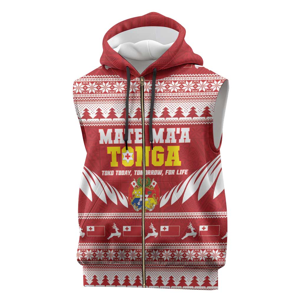 Personalised Tonga Rugby Christmas Sleeveless Zip Hoodie Mate Maa Tonga Ngatu Pattern - Polynesian Pride