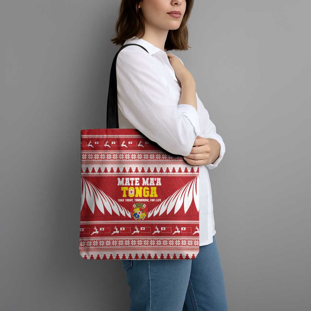 Tonga Rugby Christmas Tote Bag Mate Maa Tonga Ngatu Pattern - Polynesian Pride