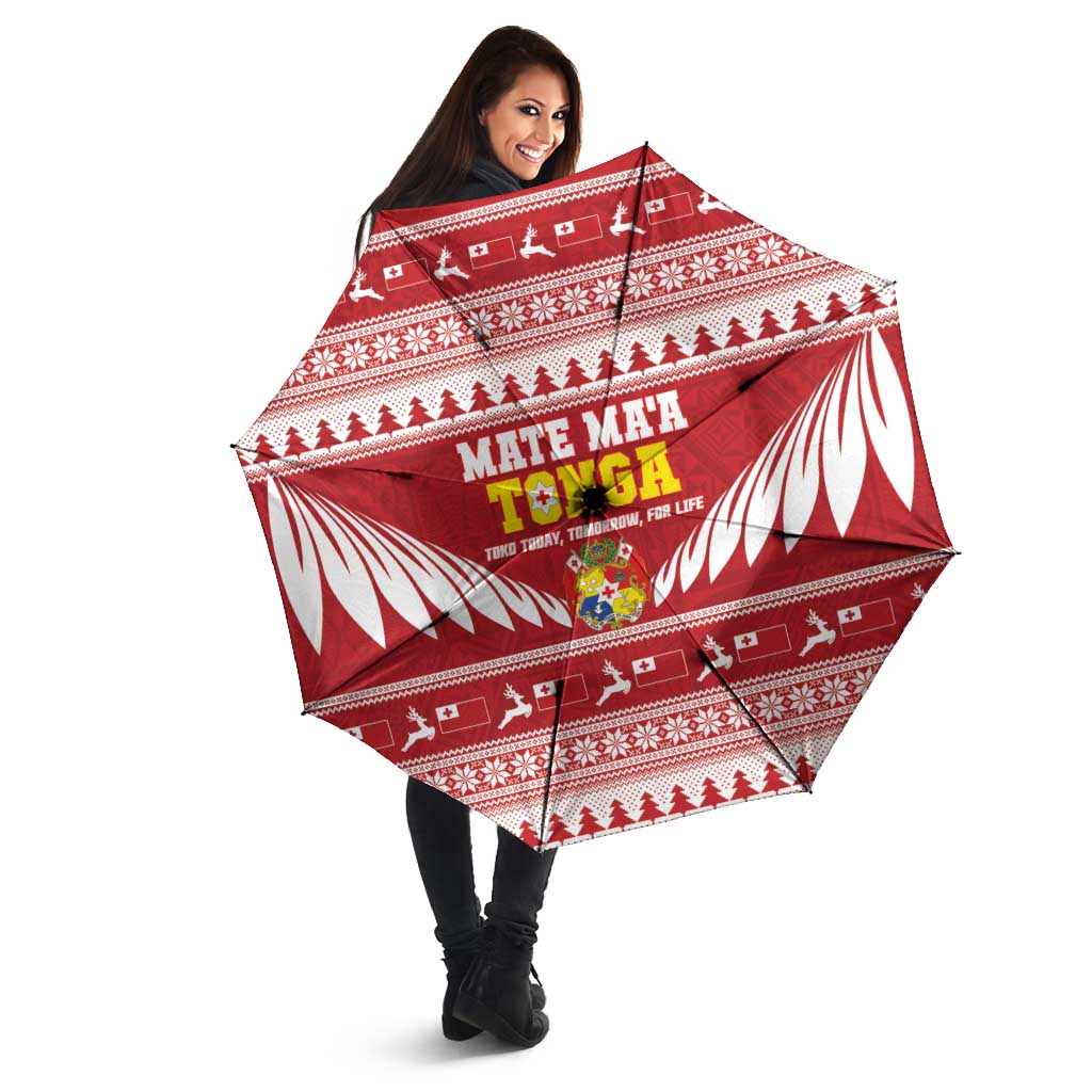 Tonga Rugby Christmas Umbrella Mate Maa Tonga Ngatu Pattern - Polynesian Pride