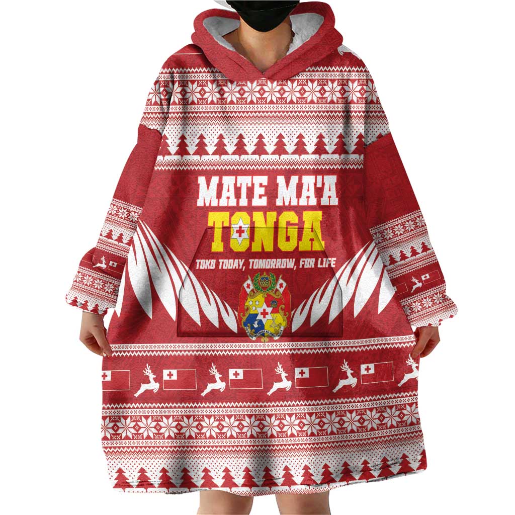 Personalised Tonga Rugby Christmas Wearable Blanket Hoodie Mate Maa Tonga Ngatu Pattern - Polynesian Pride
