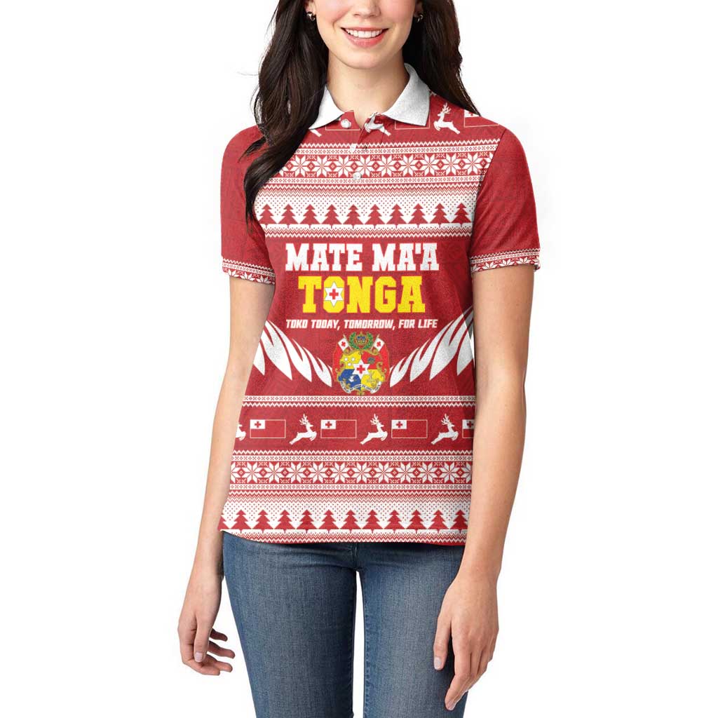 Personalised Tonga Rugby Christmas Women Polo Shirt Mate Maa Tonga Ngatu Pattern - Polynesian Pride