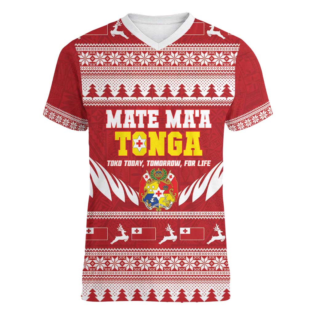 Personalised Tonga Rugby Christmas Women V-Neck T-Shirt Mate Maa Tonga Ngatu Pattern - Polynesian Pride