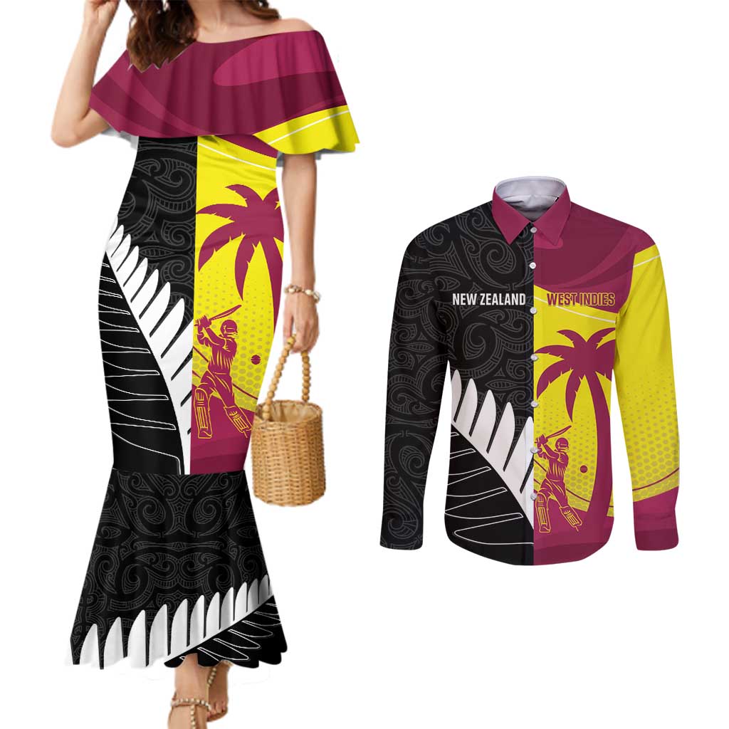 New Zealand and West Indies Cricket Custom Couples Matching Mermaid Dress and Long Sleeve Button Shirt Black Cap Windies Together - Polynesian Pride