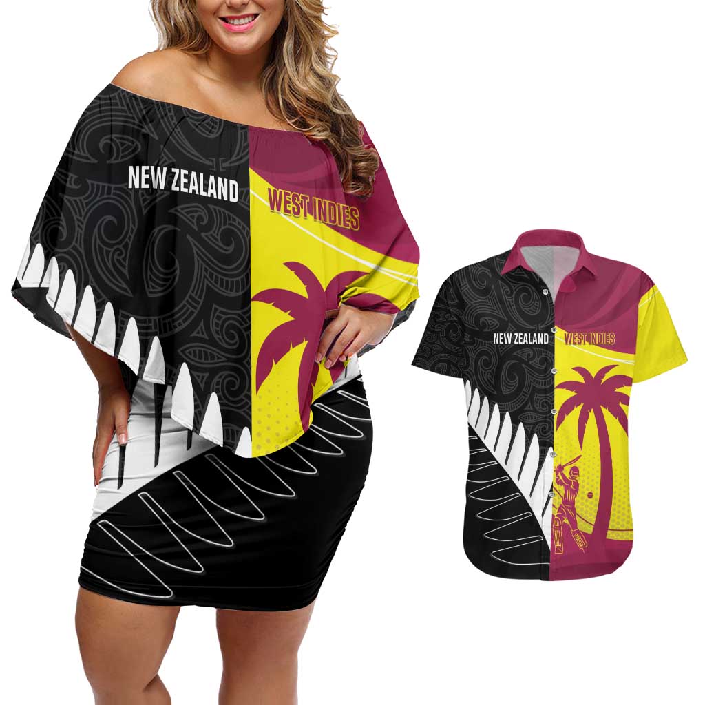 New Zealand and West Indies Cricket Custom Couples Matching Off Shoulder Short Dress and Hawaiian Shirt Black Cap Windies Together - Polynesian Pride