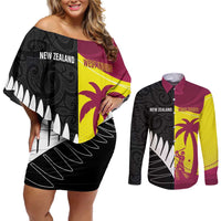 New Zealand and West Indies Cricket Custom Couples Matching Off Shoulder Short Dress and Long Sleeve Button Shirt Black Cap Windies Together - Polynesian Pride