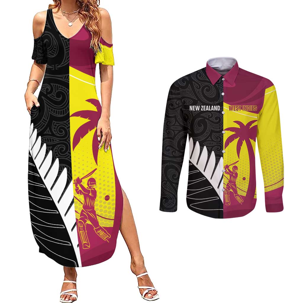 New Zealand and West Indies Cricket Custom Couples Matching Summer Maxi Dress and Long Sleeve Button Shirt Black Cap Windies Together - Polynesian Pride