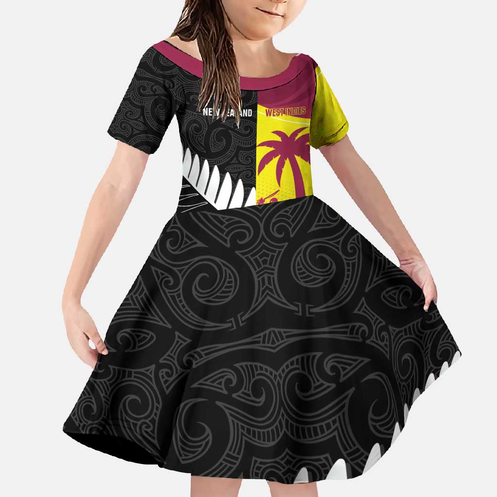 New Zealand and West Indies Cricket Custom Family Matching Long Sleeve Bodycon Dress and Hawaiian Shirt Black Cap Windies Together - Polynesian Pride
