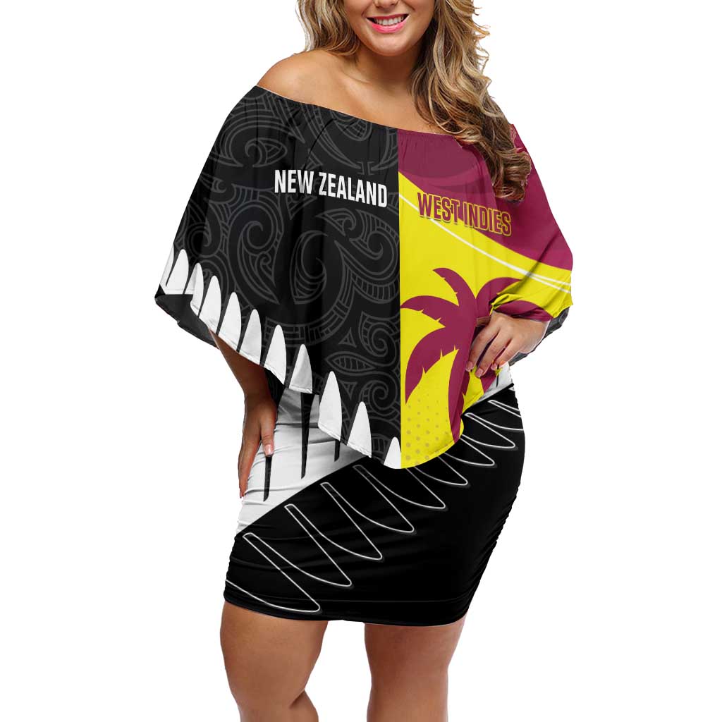 New Zealand and West Indies Cricket Custom Family Matching Off Shoulder Short Dress and Hawaiian Shirt Black Cap Windies Together - Polynesian Pride