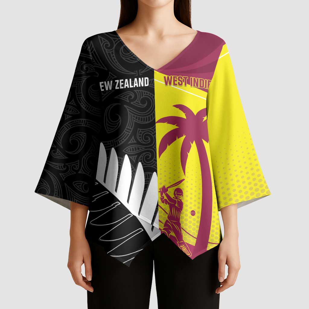 New Zealand and West Indies Cricket Custom Kimono Sleeve Blouse Black Cap Windies Together - Polynesian Pride