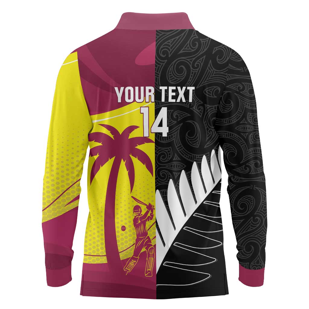 New Zealand and West Indies Cricket Custom Long Sleeve Polo Shirt Black Cap Windies Together - Polynesian Pride