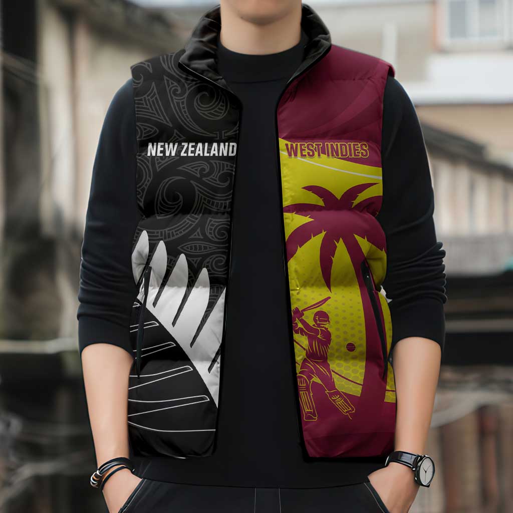 New Zealand and West Indies Cricket Custom Sleeveless Puffer Jacket Black Cap Windies Together - Polynesian Pride