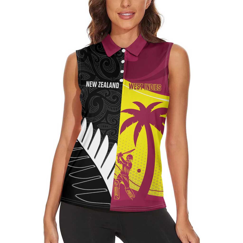 New Zealand and West Indies Cricket Custom Women Sleeveless Polo Shirt Black Cap Windies Together - Polynesian Pride