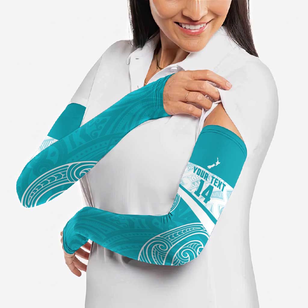 New Zealand Silver Fern Cricket Custom Arm Sleeves Black Cap Teal Maori Pattern - Polynesian Pride