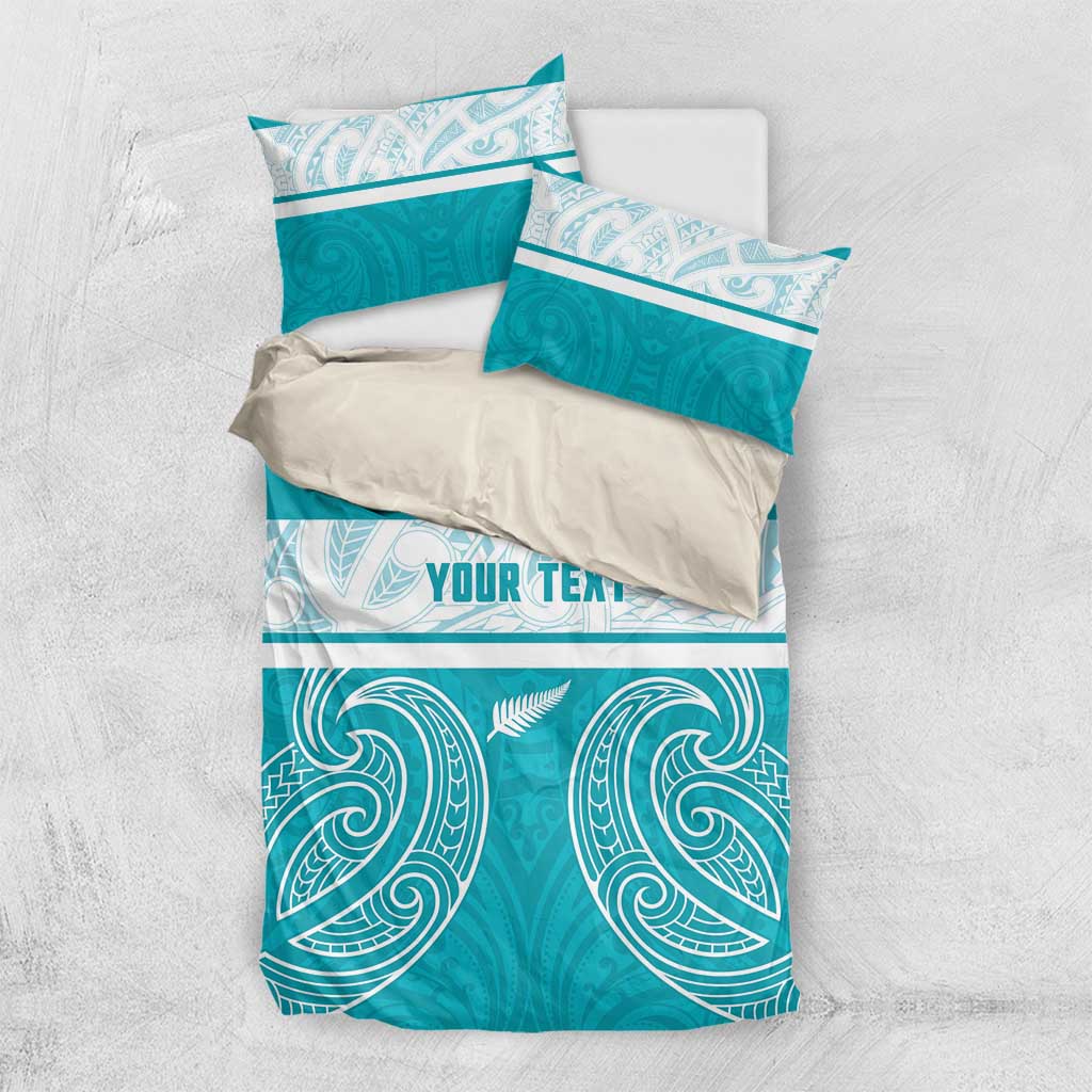 New Zealand Silver Fern Cricket Custom Bedding Set Black Cap Teal Maori Pattern - Polynesian Pride