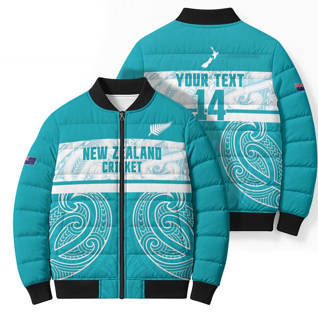 New Zealand Silver Fern Cricket Custom Bomber Puffer Jacket Black Cap Teal Maori Pattern - Polynesian Pride