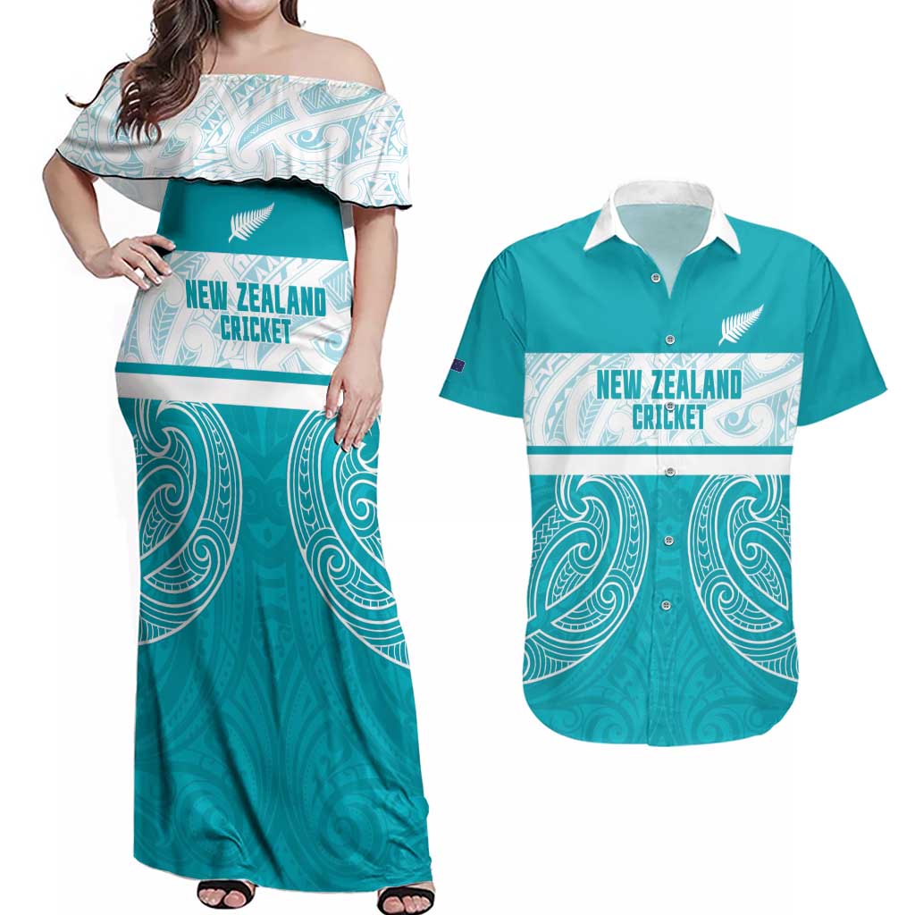 New Zealand Silver Fern Cricket Custom Couples Matching Off Shoulder Maxi Dress and Hawaiian Shirt Black Cap Teal Maori Pattern - Polynesian Pride