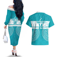 New Zealand Silver Fern Cricket Custom Couples Matching Off The Shoulder Long Sleeve Dress and Hawaiian Shirt Black Cap Teal Maori Pattern - Polynesian Pride