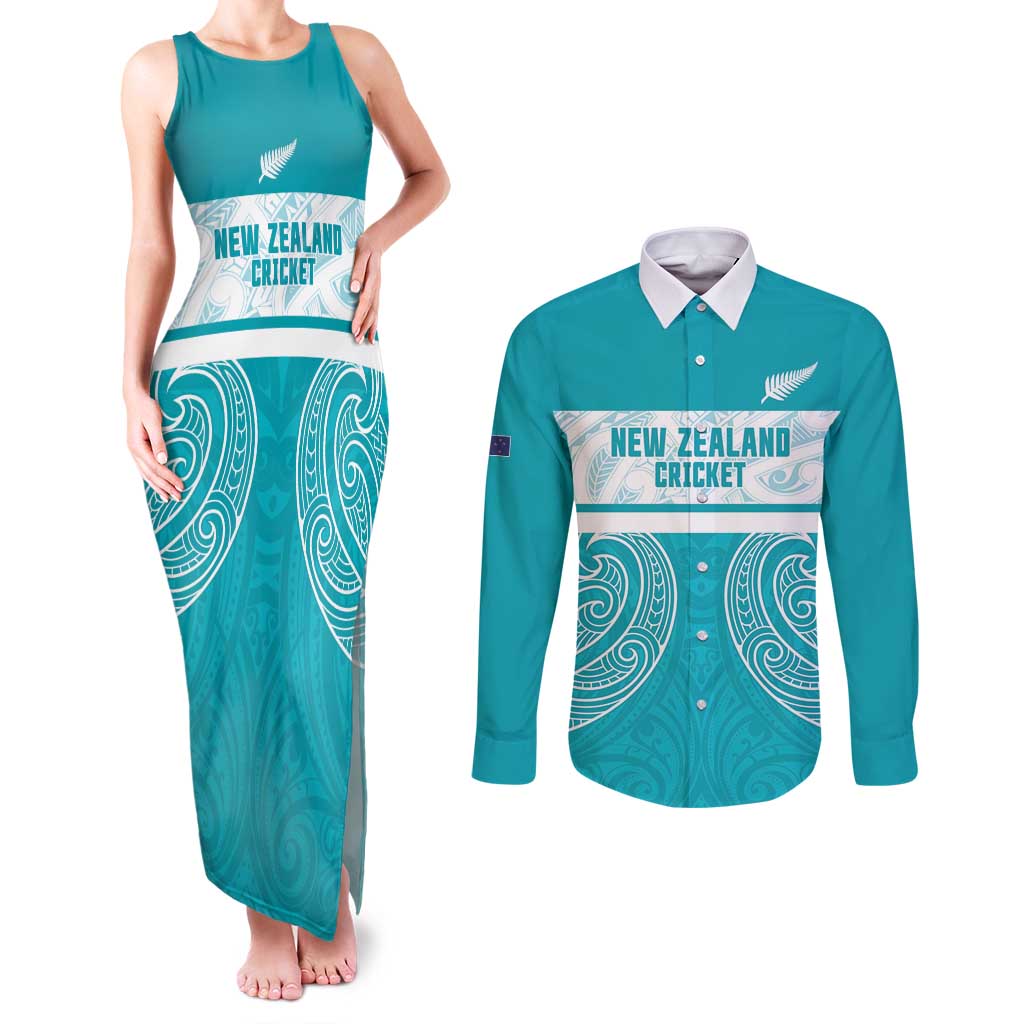 New Zealand Silver Fern Cricket Custom Couples Matching Tank Maxi Dress and Long Sleeve Button Shirt Black Cap Teal Maori Pattern - Polynesian Pride