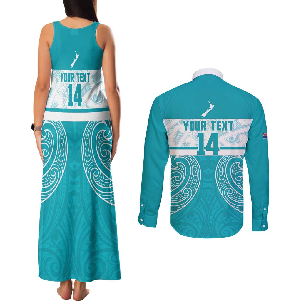 New Zealand Silver Fern Cricket Custom Couples Matching Tank Maxi Dress and Long Sleeve Button Shirt Black Cap Teal Maori Pattern - Polynesian Pride