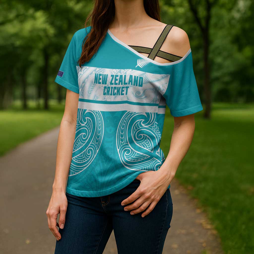 New Zealand Silver Fern Cricket Custom Cross Shoulder Shirt Black Cap Teal Maori Pattern - Polynesian Pride