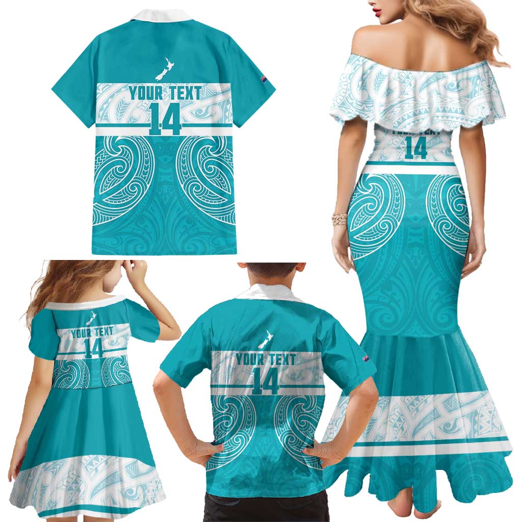 New Zealand Silver Fern Cricket Custom Family Matching Mermaid Dress and Hawaiian Shirt Black Cap Teal Maori Pattern - Polynesian Pride