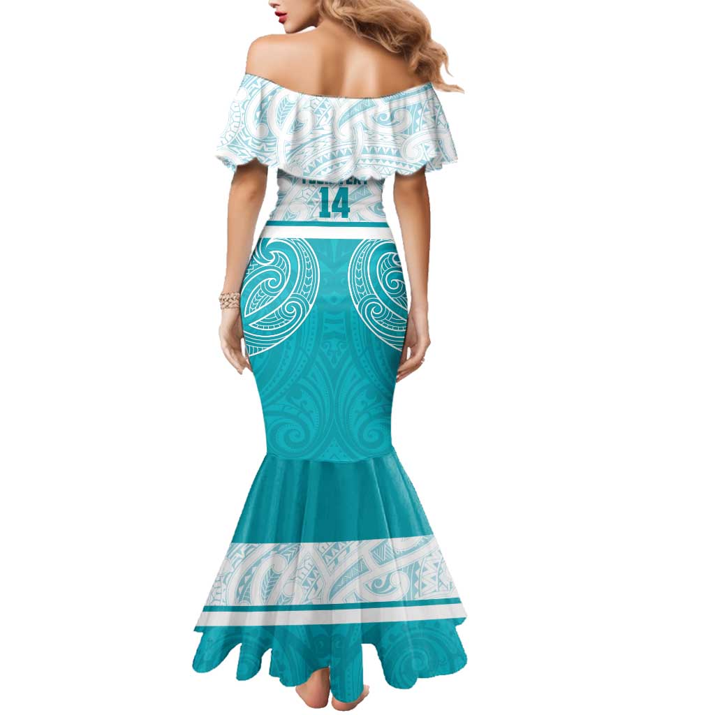 New Zealand Silver Fern Cricket Custom Family Matching Mermaid Dress and Hawaiian Shirt Black Cap Teal Maori Pattern - Polynesian Pride