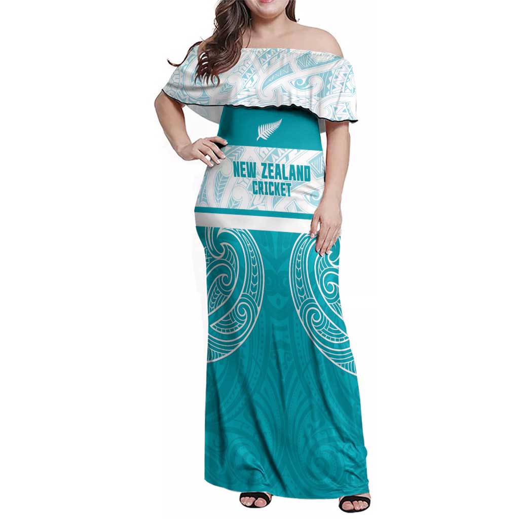 New Zealand Silver Fern Cricket Custom Family Matching Off Shoulder Maxi Dress and Hawaiian Shirt Black Cap Teal Maori Pattern - Polynesian Pride