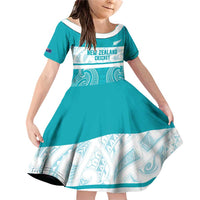 New Zealand Silver Fern Cricket Custom Family Matching Off Shoulder Short Dress and Hawaiian Shirt Black Cap Teal Maori Pattern - Polynesian Pride