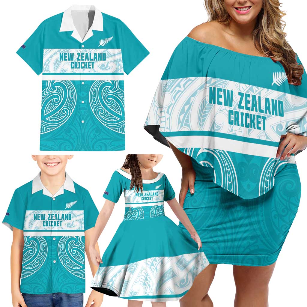 New Zealand Silver Fern Cricket Custom Family Matching Off Shoulder Short Dress and Hawaiian Shirt Black Cap Teal Maori Pattern - Polynesian Pride
