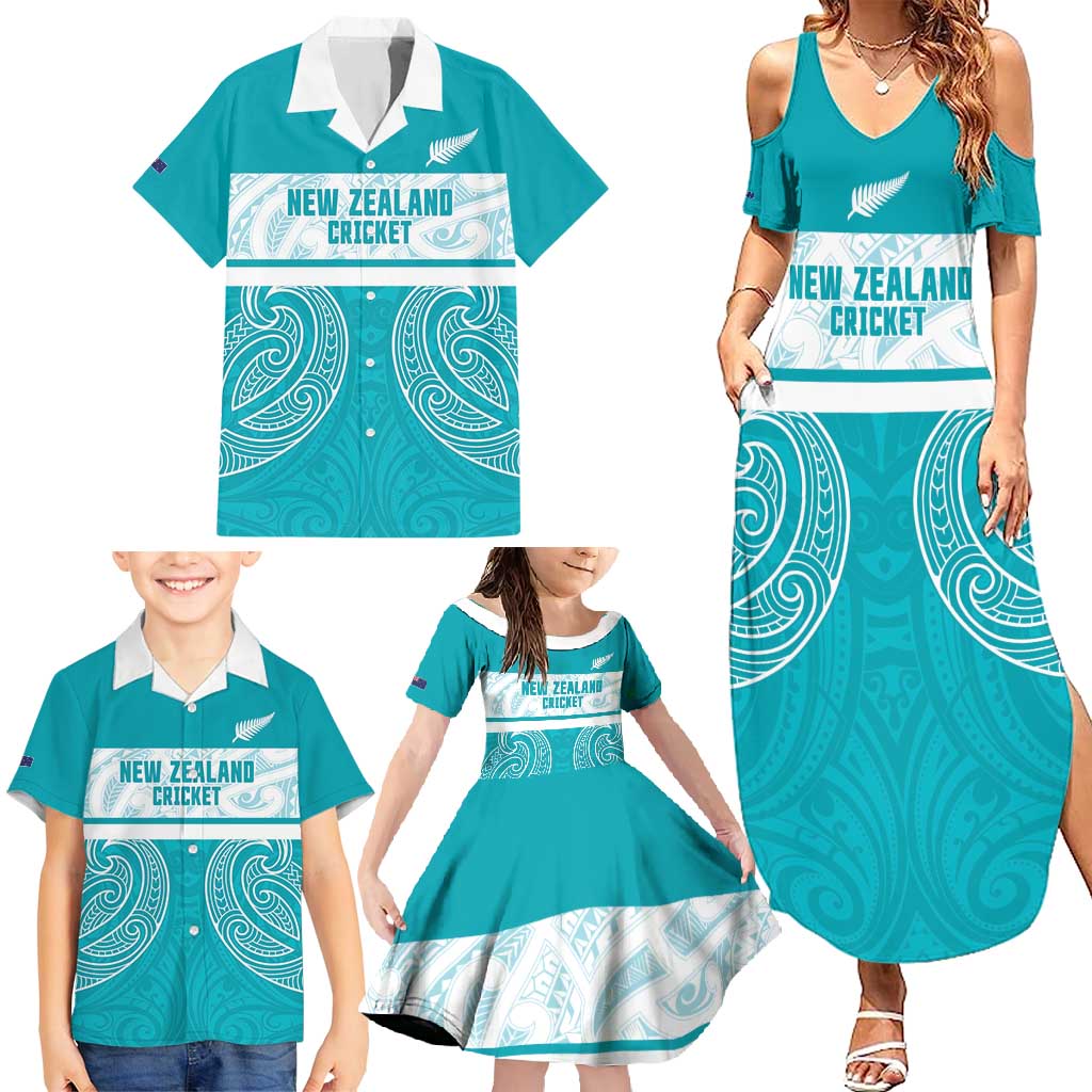 New Zealand Silver Fern Cricket Custom Family Matching Summer Maxi Dress and Hawaiian Shirt Black Cap Teal Maori Pattern - Polynesian Pride