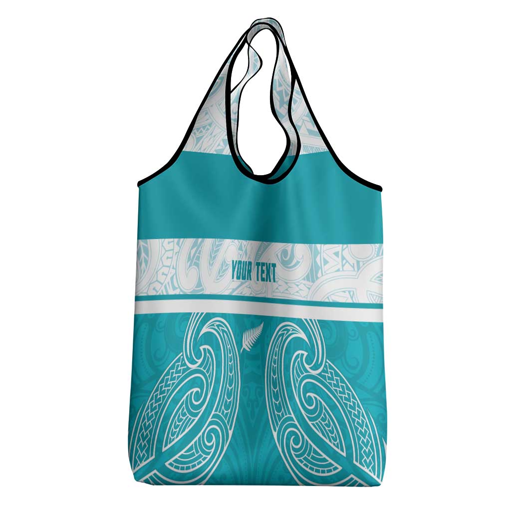 New Zealand Silver Fern Cricket Custom Grocery Bag Black Cap Teal Maori Pattern - Polynesian Pride
