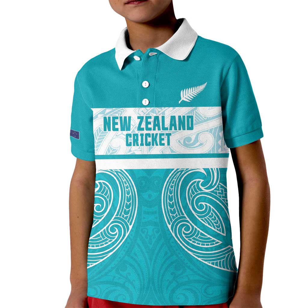 New Zealand Silver Fern Cricket Custom Kid Polo Shirt Black Cap Teal Maori Pattern - Polynesian Pride