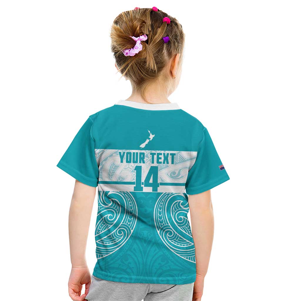 New Zealand Silver Fern Cricket Custom Kid T Shirt Black Cap Teal Maori Pattern - Polynesian Pride