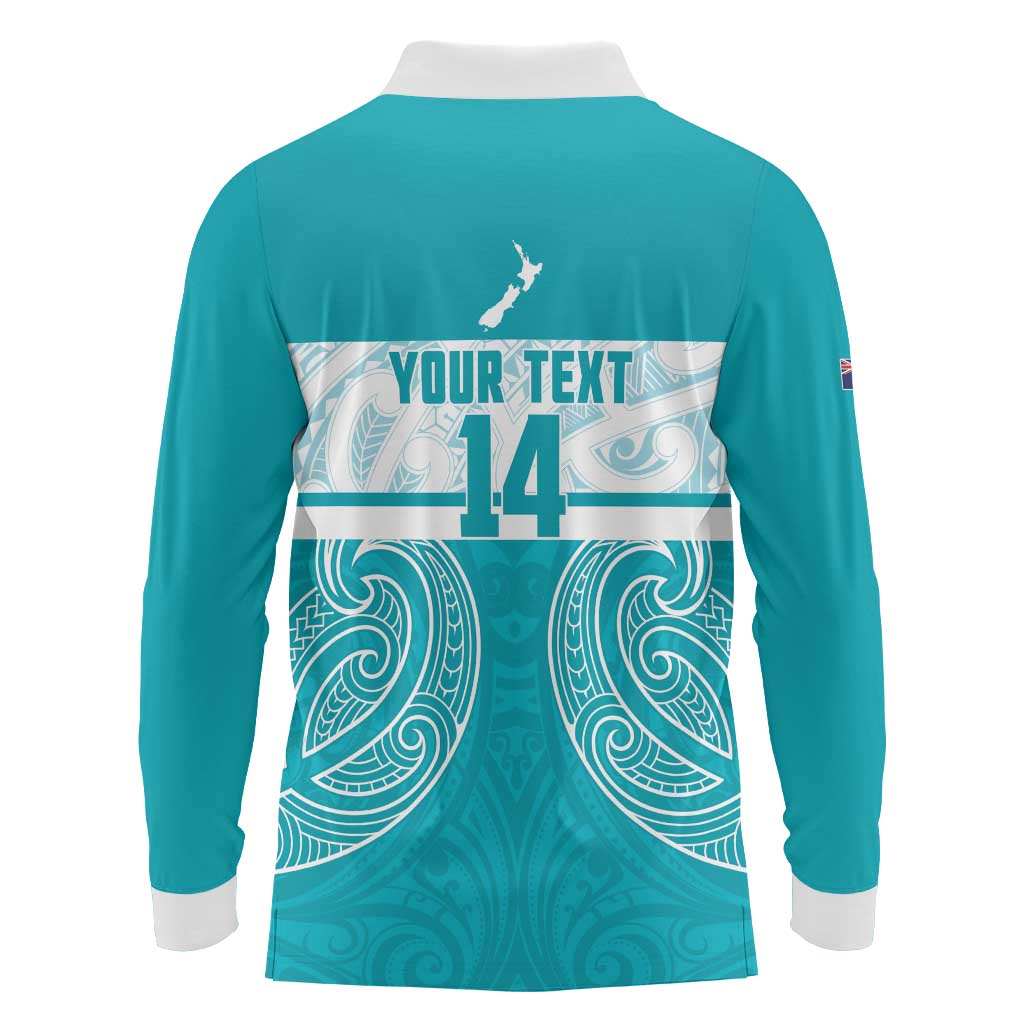 New Zealand Silver Fern Cricket Custom Long Sleeve Polo Shirt Black Cap Teal Maori Pattern - Polynesian Pride