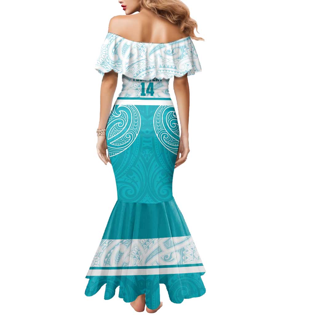 New Zealand Silver Fern Cricket Custom Mermaid Dress Black Cap Teal Maori Pattern - Polynesian Pride