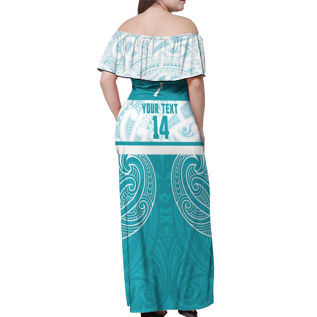 New Zealand Silver Fern Cricket Custom Off Shoulder Maxi Dress Black Cap Teal Maori Pattern - Polynesian Pride