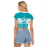 New Zealand Silver Fern Cricket Custom Raglan Cropped T Shirt Black Cap Teal Maori Pattern - Polynesian Pride