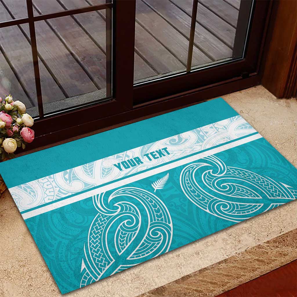 New Zealand Silver Fern Cricket Custom Rubber Doormat Black Cap Teal Maori Pattern - Polynesian Pride