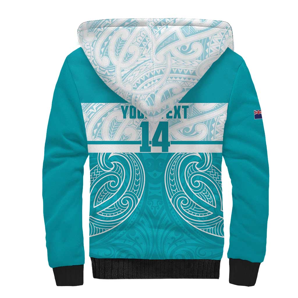 New Zealand Silver Fern Cricket Custom Sherpa Hoodie Black Cap Teal Maori Pattern - Polynesian Pride