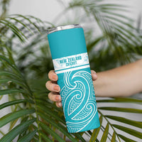 New Zealand Silver Fern Cricket Custom Skinny Tumbler Black Cap Teal Maori Pattern - Polynesian Pride