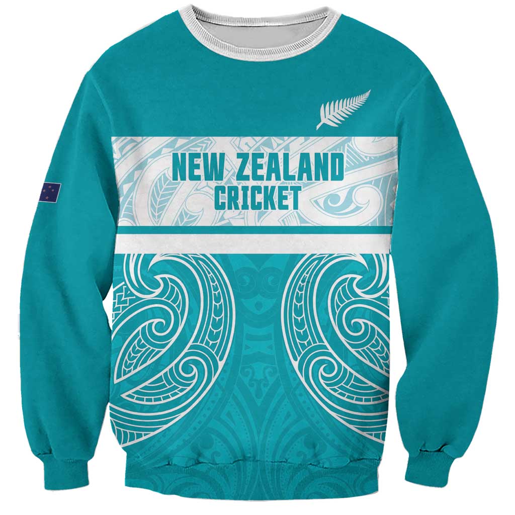 New Zealand Silver Fern Cricket Custom Sweatshirt Black Cap Teal Maori Pattern - Polynesian Pride